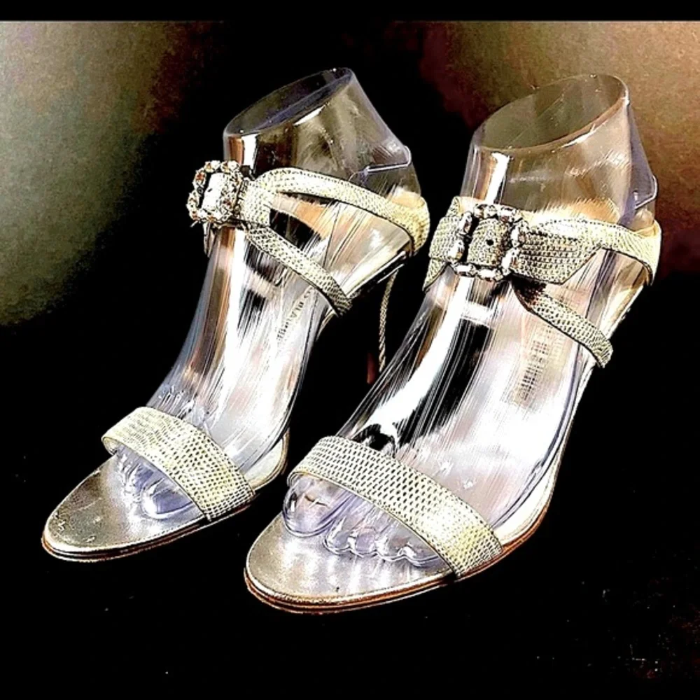 Manolo Blahnik silver sandals crystal buckles 38